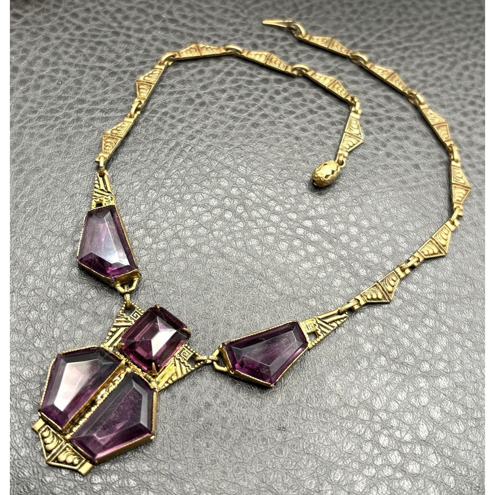 Vintage Art Deco Faux Amethyst Glass Gold Tone Ornate Chain Statement Necklace